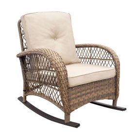 Outdoor Wicker Rocking Chair; Patio Rattan Rocker Chair with Soft Cushions and Steel Frame; Khaki (Color: Khaki)