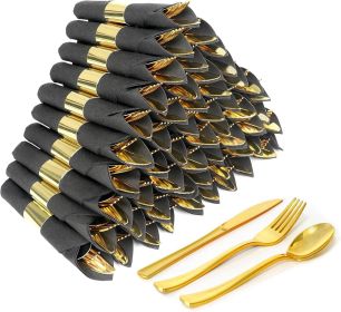 50 Pack Pre Rolled Rose Gold Plastic Silverware Set,Wrapped Plastic Cutlery Set with Napkin Include 50 Forks,50 Spoons (Model: 60 pack black+gold)