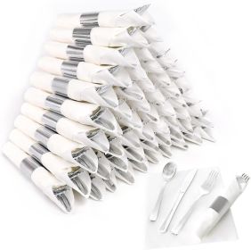 50 Pack Pre Rolled Rose Gold Plastic Silverware Set,Wrapped Plastic Cutlery Set with Napkin Include 50 Forks,50 Spoons (Model: 60 pack White+Silver)