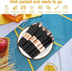 50 Pack Pre Rolled Rose Gold Plastic Silverware Set,Wrapped Plastic Cutlery Set with Napkin Include 50 Forks,50 Spoons (Model: 75 pack black+gold)